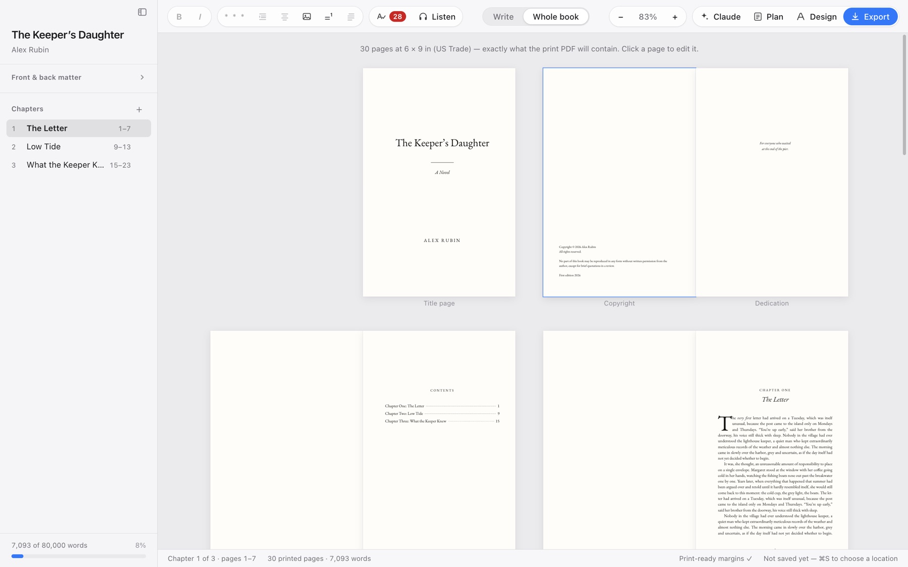 Whole-book view showing title page, copyright, dedication and contents